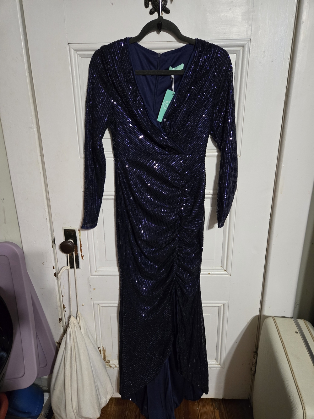 Navy Sequin Ruched M Long Sleeve Dress